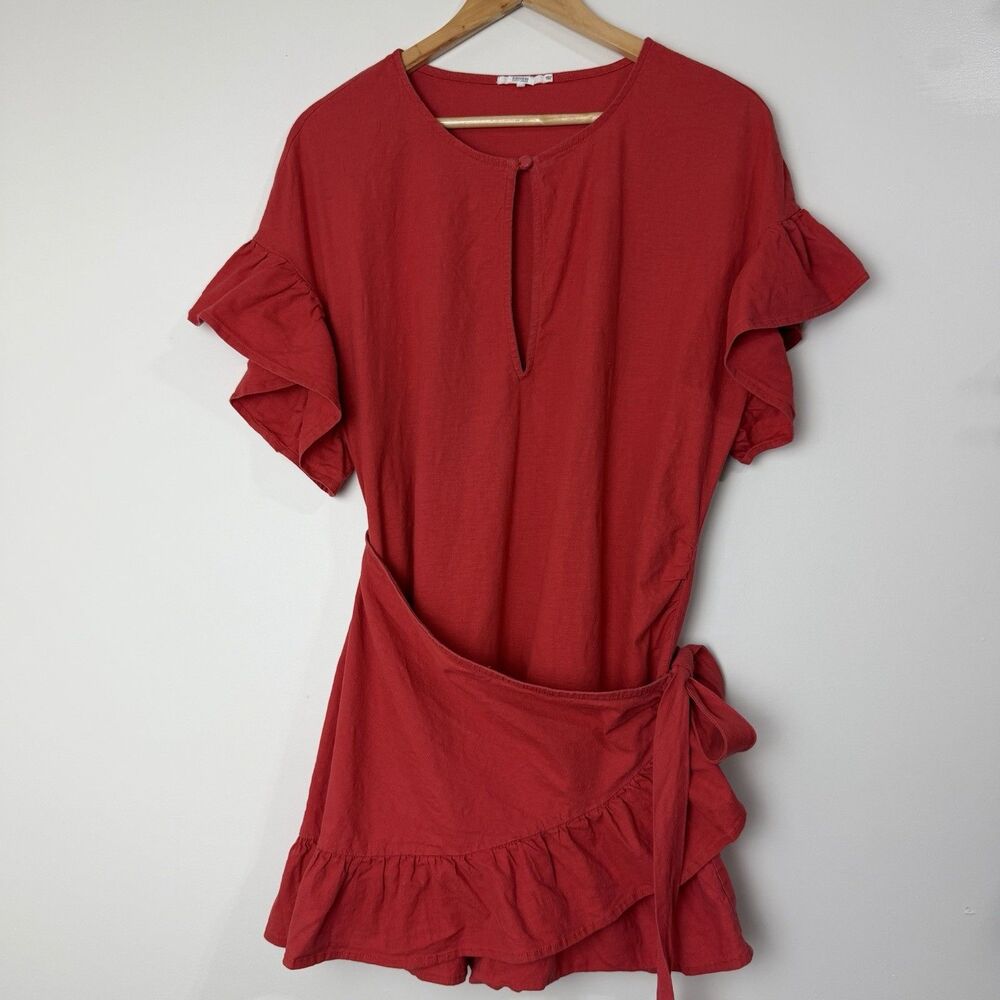 Tularosa Red Wrap Dress Ruffle Linen Blend Women’s L